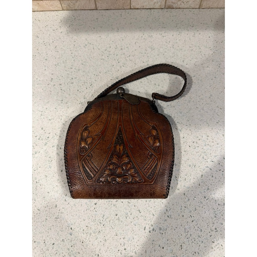 Vintage Volland Leathercraft Tooled Leather Handbag Purse Kiss Lock Western Brow